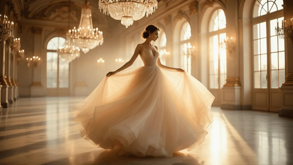 The Magic of Tulle Layered Ball Gowns: Your Ultimate Style Guide A model twirls in a champagne-colored multi-layered tulle ball gown in an ornate grand ballroom, golden hour light streaming through large windows, highlighting the gown’s delicate fabric and creating a dreamy atmosphere with reflections from chandeliers and mirrors.