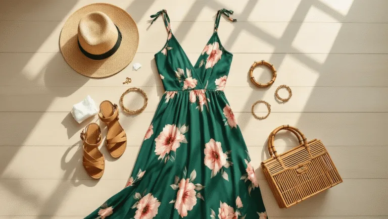 How to Rock a Floral Maxi Dress: Your Ultimate Style Guide for 2024 A flat lay of a luxurious floral maxi dress in emerald and blush tones on a light wooden floor, accompanied by a vintage straw fedora, gold-tone layered bracelets, woven leather sandals, and a bamboo handbag, all illuminated by natural sunlight from industrial windows.