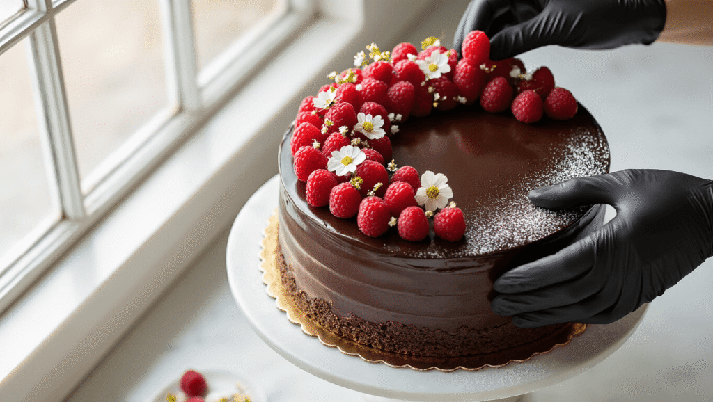 Flourless Chocolate Wedding Cake: The Ultimate Decadent Gluten-Free Showstopper Cinematic overhead shot of an elegant flourless chocolate wedding cake with glossy ganache, decorated with fresh raspberries, edible flowers, and gold leaf accents, featuring a pastry chef's hands adding final touches, set on a marble surface with artistic chocolate shavings and rose petals.