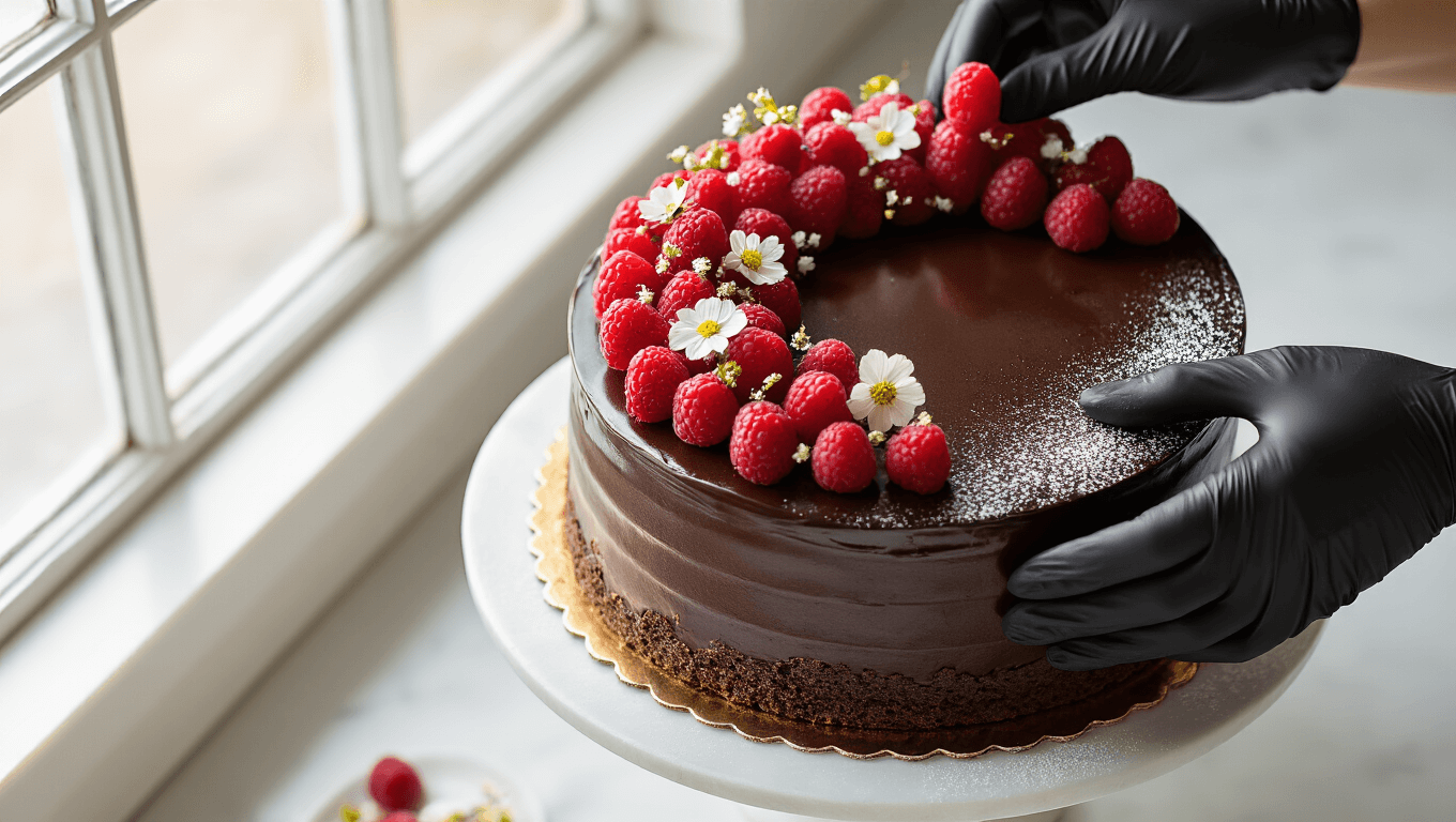Cinematic overhead shot of an elegant flourless chocolate wedding cake with glossy ganache, decorated with fresh raspberries, edible flowers, and gold leaf accents, featuring a pastry chef's hands adding final touches, set on a marble surface with artistic chocolate shavings and rose petals.