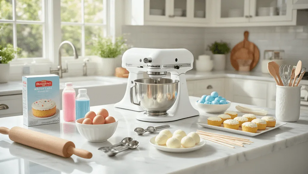 Gender Reveal Cupcakes: The Ultimate Surprise Dessert Guide A vintage mint green stand mixer sits on a pristine white marble countertop, surrounded by baking ingredients like farm-fresh eggs, softened butter, and a vanilla extract bottle, all illuminated by soft natural light and capturing a warm pastel aesthetic.