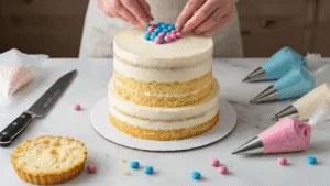 Ultimate Gender Reveal Cake: Surprise Inside Celebration Dessert A close-up of a gender reveal cake being assembled on a white marble countertop, featuring layers filled with pink or blue M&Ms and smooth white buttercream, surrounded by baking tools and fresh flowers in soft focus.