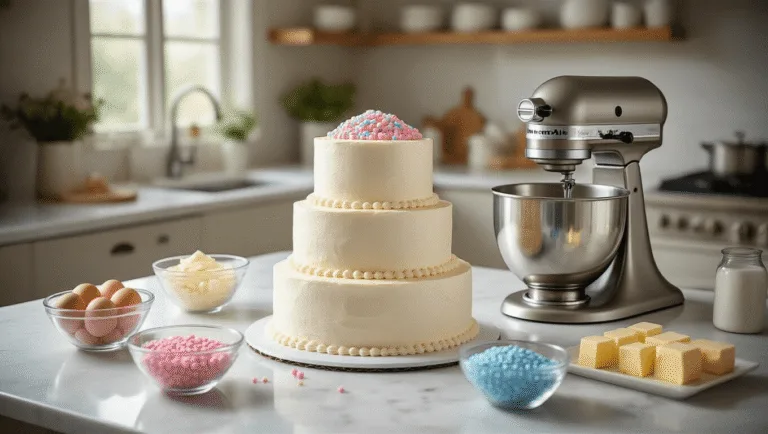 Simple Gender Reveal Cake: The Ultimate DIY Guide A beautifully arranged marble kitchen countertop featuring a three-tiered gender reveal cake with one hollowed layer, surrounded by pink and blue candies, a premium KitchenAid mixer, and baking ingredients, all bathed in natural light.