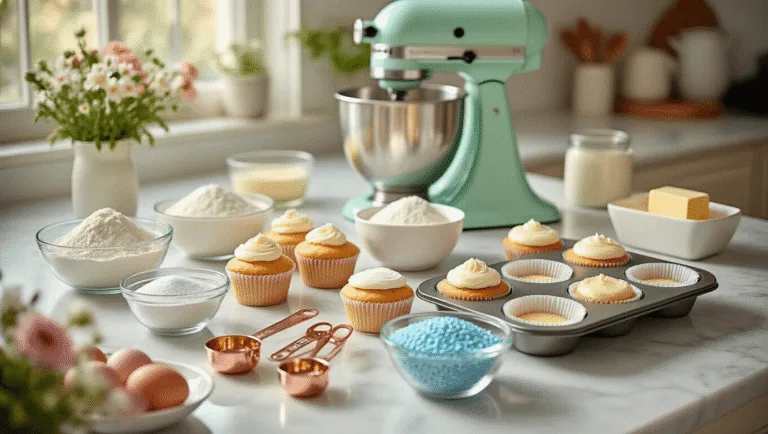 Gender Reveal Cupcakes: The Ultimate Surprise-Filled Dessert High-end food styling image of a sunlit marble kitchen counter displaying gender reveal cupcake preparation essentials, including ingredients in glass bowls, a vintage mint green stand mixer, and pink and blue sprinkles, with soft pastel flowers accentuating the scene.