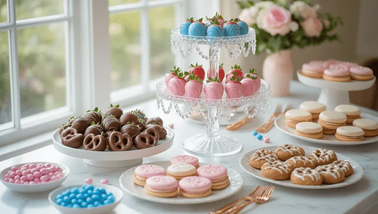 Gender Reveal Snack Ideas: The Ultimate Party Spread Elegant dessert table featuring ombré-style pink to blue chocolate-dipped strawberries, swirled chocolate pretzels, and decorated cookie sandwiches, all displayed on pearl-finish serving plates with rose gold utensils, set against a white marble surface and soft natural light.