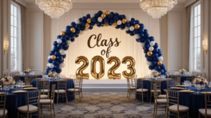 Graduation Balloons: The Ultimate Guide to Creating Stunning Celebration Decor A grand ballroom decorated for a graduation celebration, featuring a sweeping navy blue, metallic gold, and pearl white balloon arch, "Class of 2023" signage, crystal chandeliers, and a three-tiered white and gold graduation cake on an ornate dessert table.