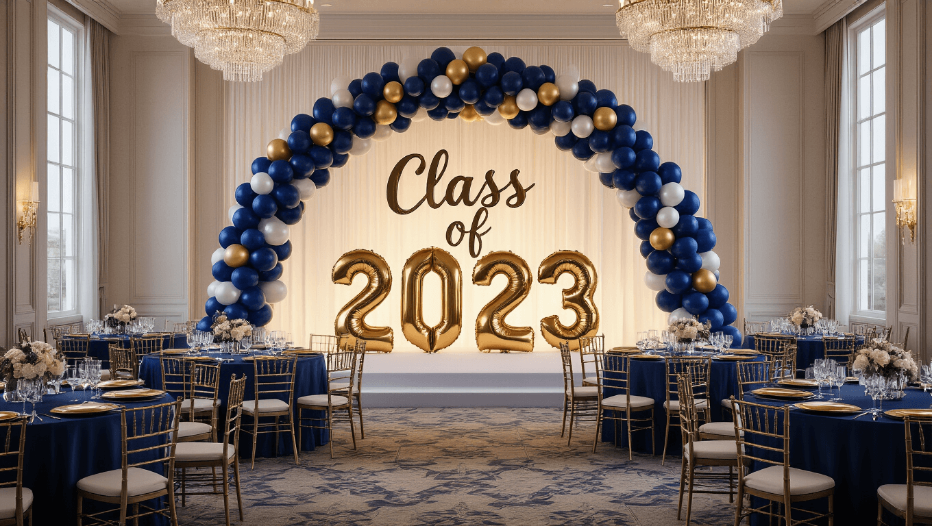 A grand ballroom decorated for a graduation celebration, featuring a sweeping navy blue, metallic gold, and pearl white balloon arch, "Class of 2023" signage, crystal chandeliers, and a three-tiered white and gold graduation cake on an ornate dessert table.