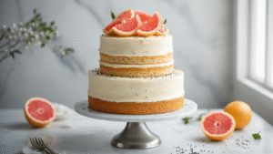 Grapefruit Poppyseed Wedding Cake: A Citrusy Celebration of Love Elegant three-tiered wedding cake with white cream cheese frosting and pink grapefruit curd, accented with black poppyseeds, fresh grapefruit segments, and edible flowers, beautifully styled against a soft grey marble backdrop in natural light.