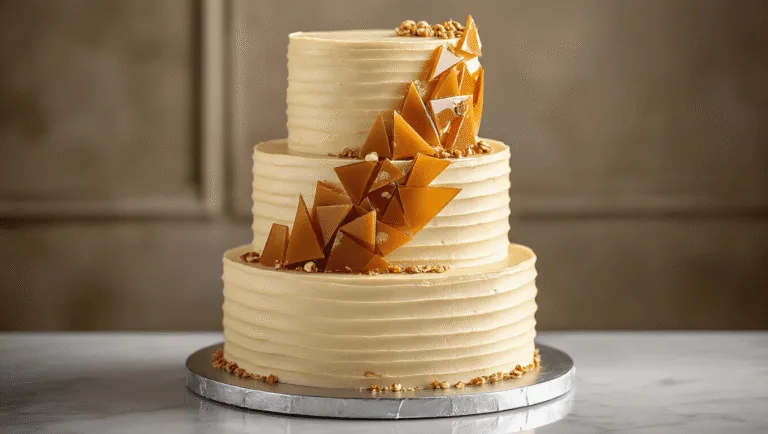 Hazelnut Praline Wedding Cake: A Luxurious Celebration Dessert Elegant three-tiered hazelnut wedding cake on a silver rotating stand, featuring layers of golden-brown cake and translucent brown buttercream, adorned with amber praline shards, crushed hazelnuts, and edible gold leaf accents, set against a professional bakery backdrop with a marble countertop and warm lighting.