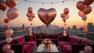 Heart Balloons: The Ultimate Guide to Romantic and Festive Decor A stunning rooftop terrace at sunset adorned with elegant heart-shaped metallic balloons, plush burgundy seating, cascading balloon garlands, and twinkling string lights, creating a romantic celebration atmosphere.