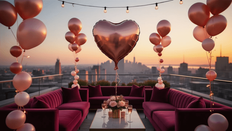 Heart Balloons: The Ultimate Guide to Romantic and Festive Decor A stunning rooftop terrace at sunset adorned with elegant heart-shaped metallic balloons, plush burgundy seating, cascading balloon garlands, and twinkling string lights, creating a romantic celebration atmosphere.