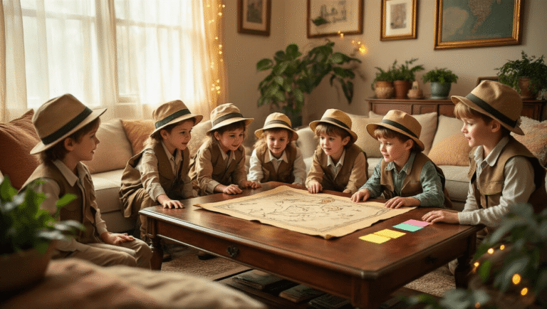 Epic Birthday Party Games: From Kids to Adults - Your Ultimate Guide A sunlit living room filled with excited children in explorer outfits, engaged in a treasure hunt, with a hand-drawn treasure map on a vintage coffee table, colorful decorations, and warm fairy lights.