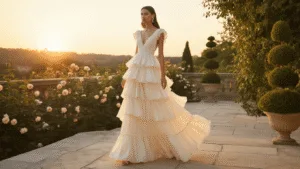 The Perfect Guide to Styling Your Tiered Ruffle Maxi Gown An ethereal model wearing an ivory silk tiered ruffle maxi gown stands on a stone terrace during golden hour, surrounded by soft-focused climbing roses and topiaries, with pearl drop earrings and a gold bracelet.