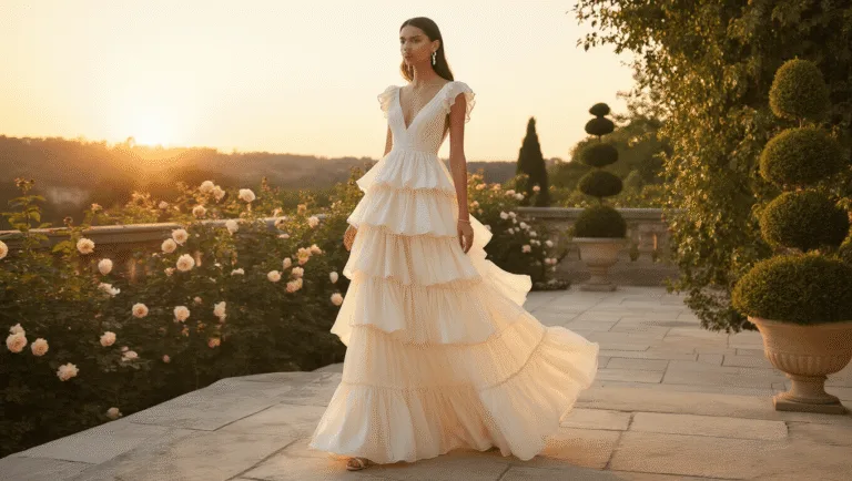 The Perfect Guide to Styling Your Tiered Ruffle Maxi Gown An ethereal model wearing an ivory silk tiered ruffle maxi gown stands on a stone terrace during golden hour, surrounded by soft-focused climbing roses and topiaries, with pearl drop earrings and a gold bracelet.