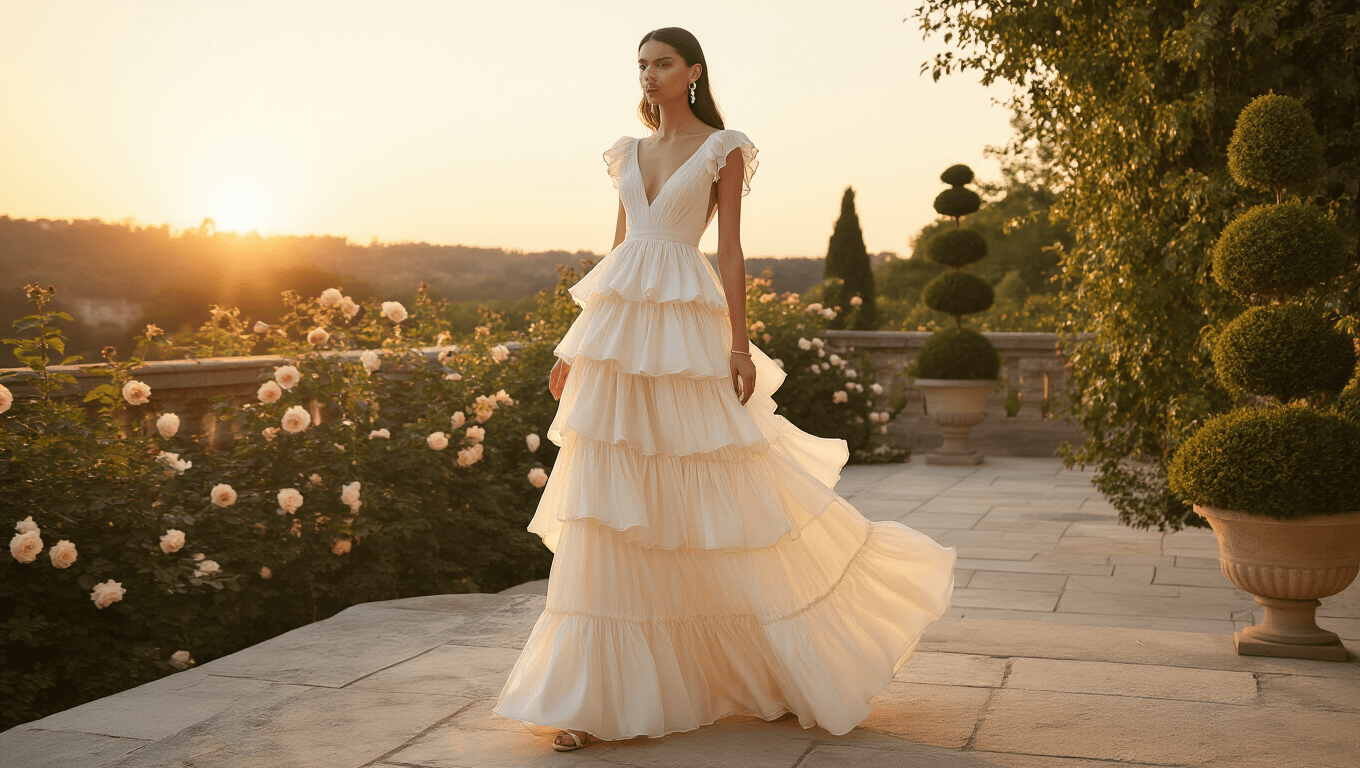 An ethereal model wearing an ivory silk tiered ruffle maxi gown stands on a stone terrace during golden hour, surrounded by soft-focused climbing roses and topiaries, with pearl drop earrings and a gold bracelet.