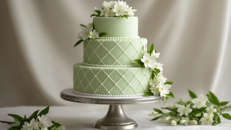 Jasmine Green Tea Wedding Cake: An Elegant Botanical Celebration Dessert Photorealistic three-tiered wedding cake with pale green layers, adorned with fresh jasmine flowers and pearl detailing, displayed on a silver pedestal against a soft-focus neutral backdrop.