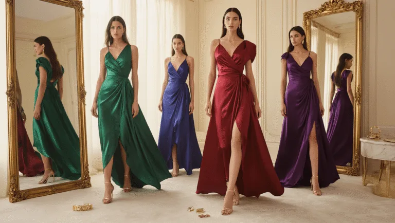 JEWEL TONE SATIN WRAP DRESSES: YOUR ULTIMATE STYLE FOR 2024 A luxurious collection of jewel-toned satin wrap dresses in emerald, sapphire, ruby, and amethyst, arranged in an elegant dressing room bathed in natural light, featuring gold and crystal accessories, a gilded mirror, and sophisticated marble and carpet textures.