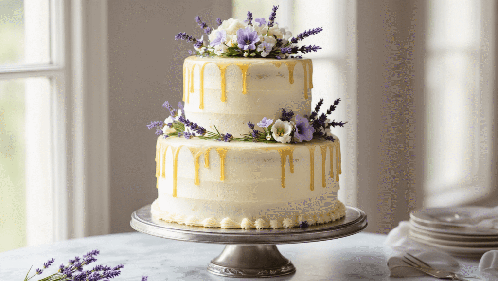 Lavender Honey Wedding Cake: A Stunning Floral Celebration Dessert A stunning three-tiered wedding cake with pearl-white cream cheese frosting, honey drips, and fresh lavender decorations, displayed on a vintage silver stand against a romantic soft-focus backdrop.