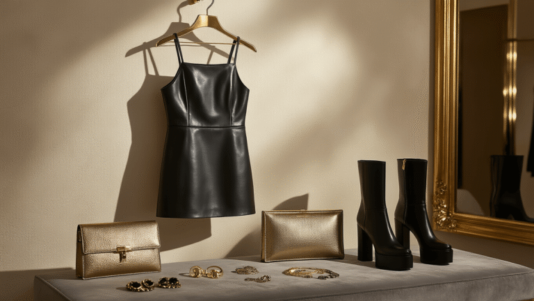 Styling a Leather Mini Dress Like a Fashion Pro A black leather mini dress on a brass hanger in a sophisticated boutique, surrounded by gold accessories on plush gray velvet, with warm spotlighting and a gilded mirror in the background.