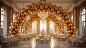Gold Balloons: The Ultimate Party Decoration Guide Cinematic wide shot of an opulent ballroom at golden hour, showcasing a dramatic gold balloon installation with varying sizes and ombré tones, elegant table settings, and soft natural light filtering through sheer drapes, all captured with a focus on metallic textures and warm atmospheric ambiance.