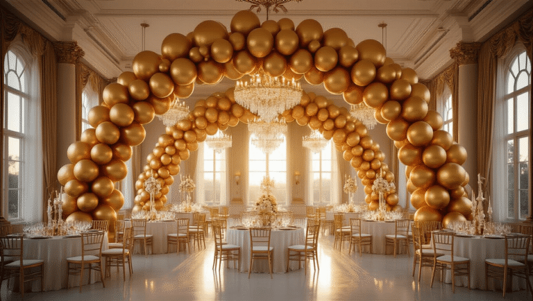 Gold Balloons: The Ultimate Party Decoration Guide Cinematic wide shot of an opulent ballroom at golden hour, showcasing a dramatic gold balloon installation with varying sizes and ombré tones, elegant table settings, and soft natural light filtering through sheer drapes, all captured with a focus on metallic textures and warm atmospheric ambiance.