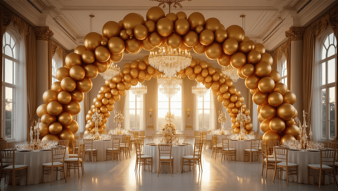Cinematic wide shot of an opulent ballroom at golden hour, showcasing a dramatic gold balloon installation with varying sizes and ombré tones, elegant table settings, and soft natural light filtering through sheer drapes, all captured with a focus on metallic textures and warm atmospheric ambiance.