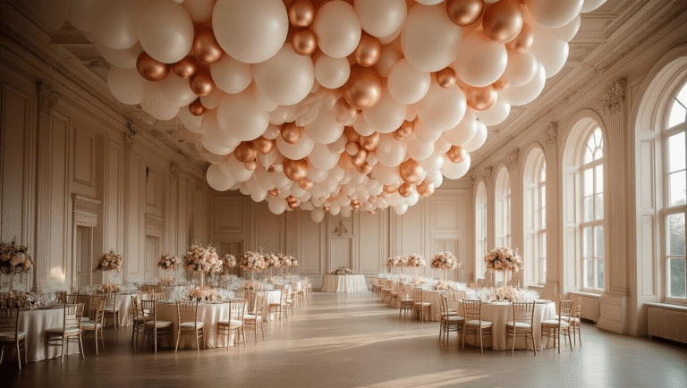 Hanging Balloons: The Ultimate Guide to Stunning Event Decor Elegant ballroom decorated with a luxurious balloon installation in pearlescent white, blush pink, and champagne gold, featuring soft uplighting, floral centerpieces, and natural light from floor-to-ceiling windows, captured in a cinematic style.