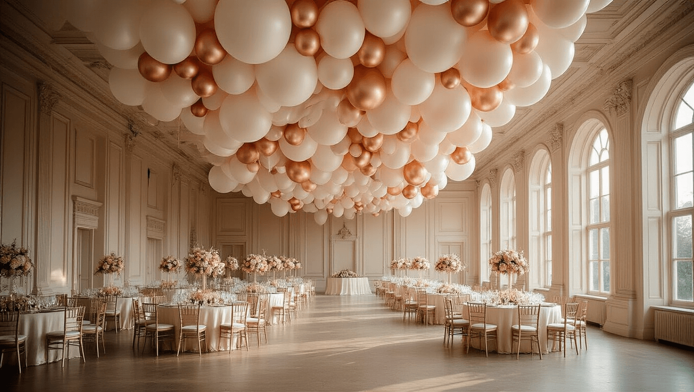 Elegant ballroom decorated with a luxurious balloon installation in pearlescent white, blush pink, and champagne gold, featuring soft uplighting, floral centerpieces, and natural light from floor-to-ceiling windows, captured in a cinematic style.