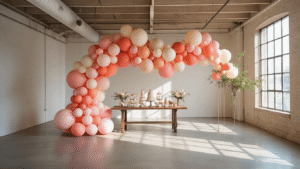 DIY Party Balloon Decor: Create Stunning Balloon Garlands and Arches at Home A grand balloon garland in blush pink, coral, and cream shades installed in a sunlit modern loft, featuring varied balloon sizes, intertwined fairy lights, and a vintage dessert table with pastel macarons, surrounded by decorative rose petals and eucalyptus sprigs.