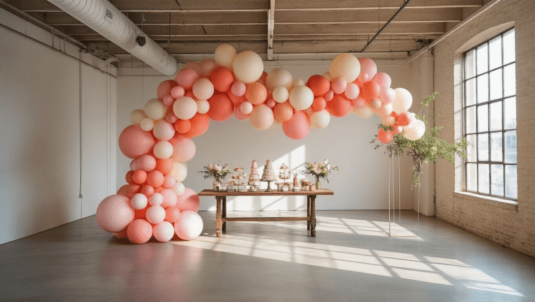 DIY Party Balloon Decor: Create Stunning Balloon Garlands and Arches at Home A grand balloon garland in blush pink, coral, and cream shades installed in a sunlit modern loft, featuring varied balloon sizes, intertwined fairy lights, and a vintage dessert table with pastel macarons, surrounded by decorative rose petals and eucalyptus sprigs.