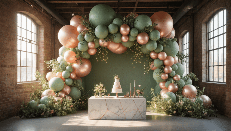 Balloons in 2025: The Ultimate Guide to Stunning Event Decor A breathtaking balloon installation featuring sage green, blush pink, and chrome rose gold balloons, accented with eucalyptus and wildflowers, set in a sunlit industrial loft, complemented by a sleek marble dessert table and twinkling fairy lights, captured in photorealistic detail.