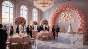 Fifty & Fabulous: The Ultimate 50th Birthday Party Guide A luxurious ballroom celebration scene with golden hour light, featuring crystal chandeliers, round tables in blush pink linens, floral centerpieces, a metallic balloon arch, and a "50 & Fabulous" neon sign, with guests in black-tie attire and an ornate dessert table.