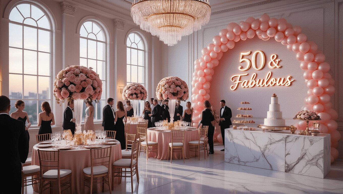 A luxurious ballroom celebration scene with golden hour light, featuring crystal chandeliers, round tables in blush pink linens, floral centerpieces, a metallic balloon arch, and a "50 & Fabulous" neon sign, with guests in black-tie attire and an ornate dessert table.