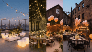 Epic Birthday Party Places: Your Ultimate Guide to Unforgettable Celebrations A cinematic collection of luxury birthday party venues featuring a modern rooftop lounge, an enchanted garden party, an industrial chic NYC loft, and a cozy private dining room, all showcasing elegant decor and warm ambient lighting.