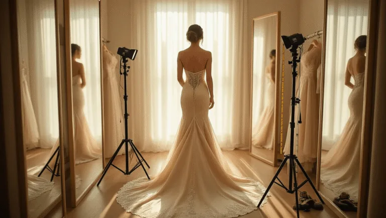 The Ultimate Guide to Rocking a Strapless Mermaid Gown: From Fitting to Flawless A young woman in a champagne strapless mermaid gown stands in an elegant boutique fitting room, illuminated by golden hour light, surrounded by floor-to-ceiling mirrors and professional fitting equipment.