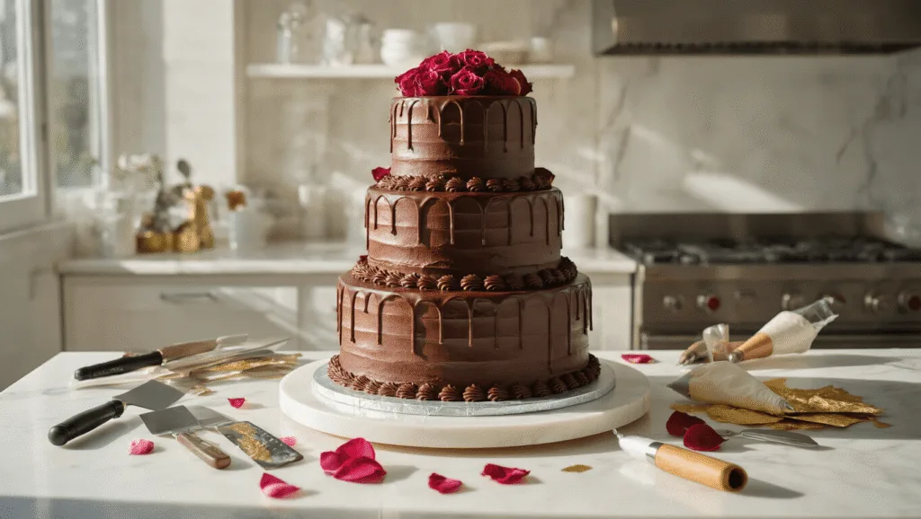Triple Chocolate Ganache Wedding Cake: The Ultimate Decadent Celebration Dessert Three-tiered chocolate wedding cake assembly in a sunlit professional kitchen, featuring glossy ganache drips, buttercream layers, and decorative tools, with fresh rose petals and edible gold leaf, captured in 8K resolution.