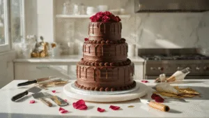 Triple Chocolate Ganache Wedding Cake: The Ultimate Decadent Celebration Dessert Three-tiered chocolate wedding cake assembly in a sunlit professional kitchen, featuring glossy ganache drips, buttercream layers, and decorative tools, with fresh rose petals and edible gold leaf, captured in 8K resolution.