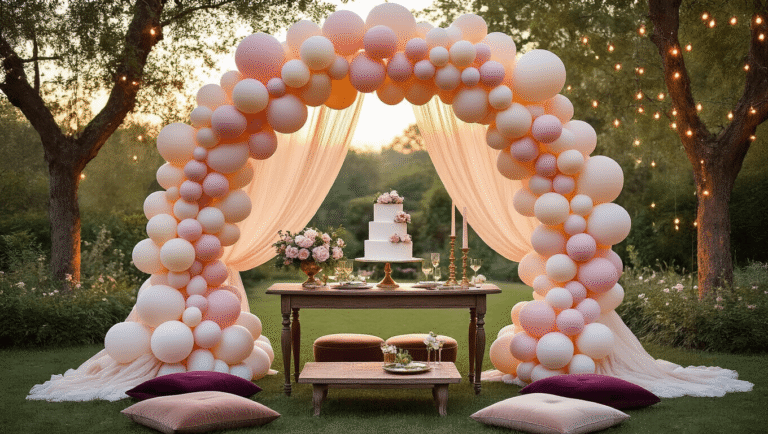 Birthday Balloons Aesthetic: Transform Your Celebration with Stunning Balloon Decor Whimsical garden birthday celebration with an ombré pink and cream balloon arch, vintage wooden dessert table featuring a tiered naked cake, warm bistro lights, and plush velvet cushions in muted jewel tones.