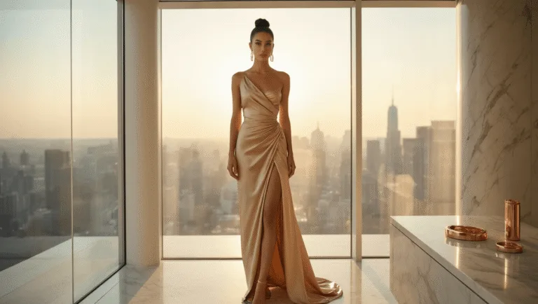 Slaying in Satin: Rocking an Asymmetrical Hemline Dress An elegant model in a champagne-colored asymmetrical satin dress stands in a sunlit luxury penthouse with floor-to-ceiling windows, showcasing her sleek low bun hairstyle and nude sandals, as warm golden hour light enhances the flowing texture of the dress. Rose gold jewelry is displayed on a marble vanity.