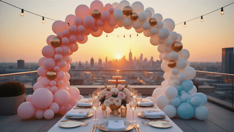 Party Balloons: The Ultimate Guide to Elevating Your Celebration Decor A luxurious rooftop terrace at golden hour, featuring an elegant balloon installation with ombré pastels, crystal-draped tables, and champagne flutes, framed by city skyline views and soft bokeh from overhead string lights.