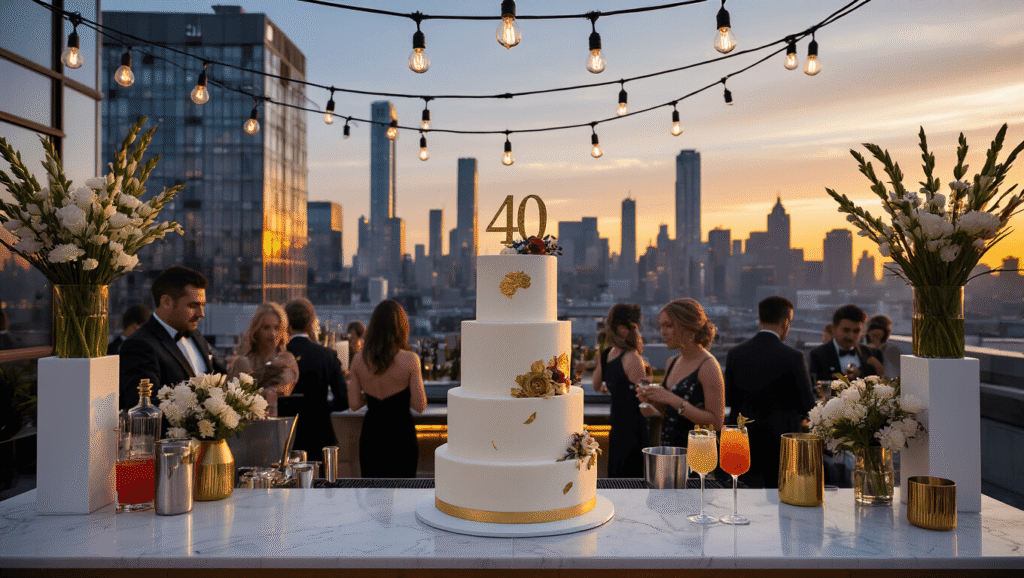 Throwing an Unforgettable 40th Birthday Party: Your Ultimate Guide to Celebration Success Luxurious rooftop party at dusk with a city skyline backdrop, featuring sophisticated decor, well-dressed guests, a stunning three-tier naked cake, and warm ambient lighting from string lights and Edison bulbs.