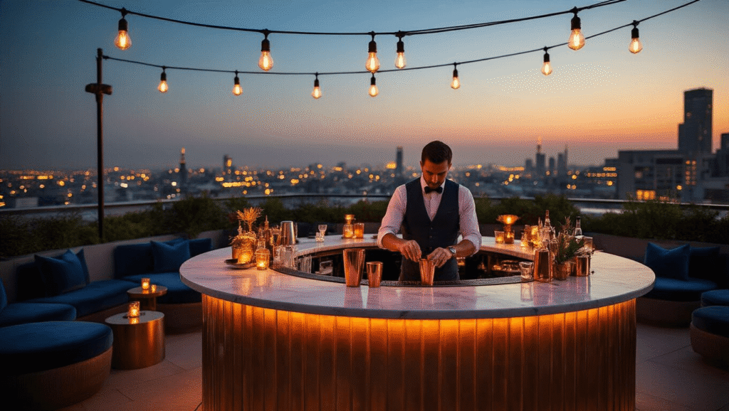 Unforgettable Adult Birthday Party Ideas: Your Ultimate Guide to Epic Celebrations A luxurious rooftop terrace party at night, featuring a marble bar with copper accents, a professional mixologist crafting cocktails, and stylish guests in cocktail attire mingling amidst warm Edison bulb lighting and lush palm trees.