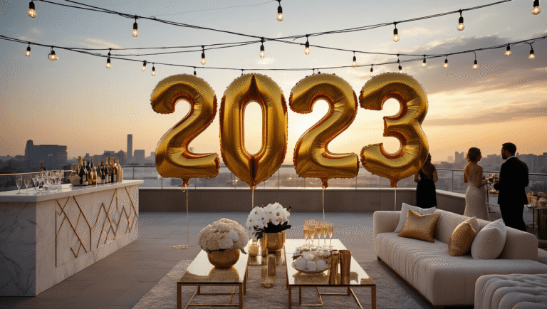 Number Balloons: The Ultimate Guide to Elevating Your Party Decor Sophisticated rooftop terrace at sunset with oversized golden "2023" balloons, elegant floral centerpieces, ambient lighting, modern lounge furniture, and silhouetted guests against a city skyline.