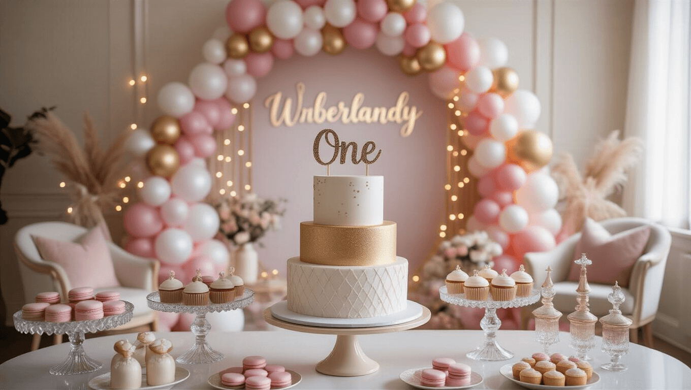 A dreamy living room setting for a first birthday celebration, featuring a tiered white and gold cake on an elegantly styled dessert table, surrounded by pastel macarons and cupcakes. A luxurious balloon arch in muted pinks and golds frames the scene, with a custom backdrop displaying "One Magical Year" in gold calligraphy. Vintage tea party elements, including brass candelabras and floral arrangements, enhance the atmosphere, while a decorated high chair and cozy seating areas invite a magical celebration.