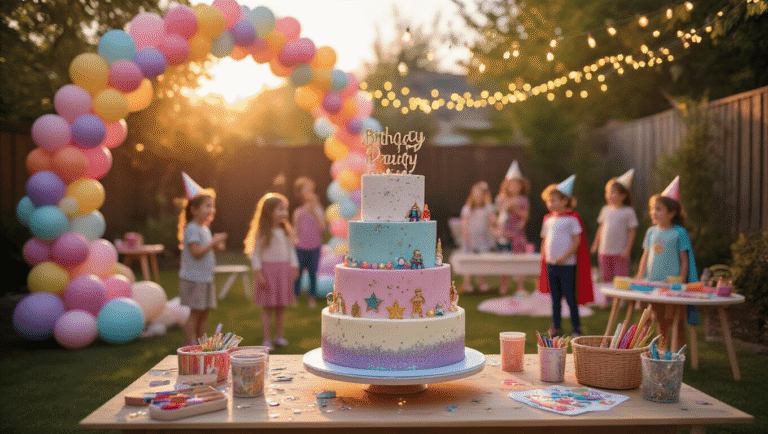 The Ultimate Guide to Throwing an Unforgettable Kids Birthday Party A vibrant backyard birthday party scene at golden hour, featuring colorful balloon arches, twinkling fairy lights, and children playing joyfully, with a tiered birthday cake on a dessert table and craft stations filled with supplies.