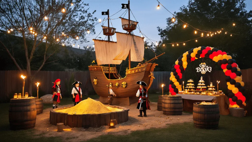 Arrr, Matey! Your Ultimate Guide to a Jaw-Dropping Pirate Birthday Party Cinematic wide-angle shot of a magical pirate-themed backyard party at dusk, featuring a large cardboard pirate ship centerpiece, children in pirate costumes, a treasure dig sandbox, rustic barrel tables, a dramatic balloon arch, and various themed decorations.