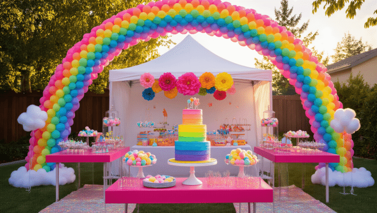 Ultimate Trolls Birthday Party Guide: Unleash Rainbow Magic and Whimsical Fun! A vibrant backyard birthday party scene with a rainbow balloon arch, white tent adorned with colorful tissue flowers, hot pink tables with glittery decor, a three-tiered rainbow cake, and craft stations, all illuminated by golden hour sunlight and twinkling string lights.
