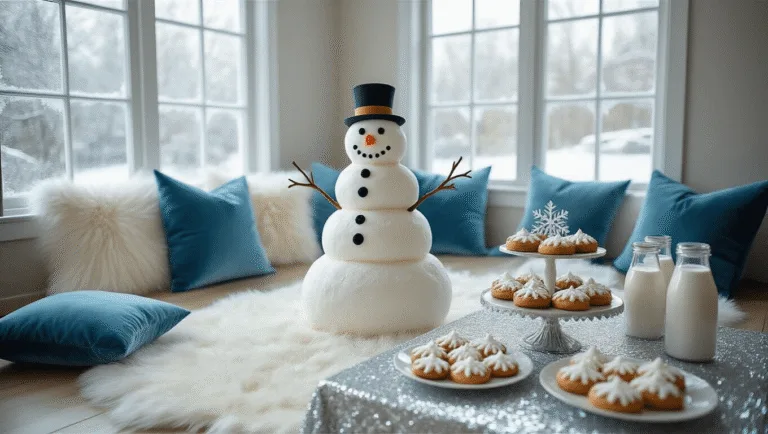 A Magical Snowman Birthday Party: Your Ultimate Guide to Winter Wonderland Celebration A cozy living room decorated for a snowman-themed birthday party, featuring a luxurious white faux fur rug, oversized icy blue velvet pillows, and a professional dessert display with a 3-tiered cake, snowflake cookies, and hot chocolate milk bottles, all accented by twinkling fairy lights and handcrafted snowflakes.