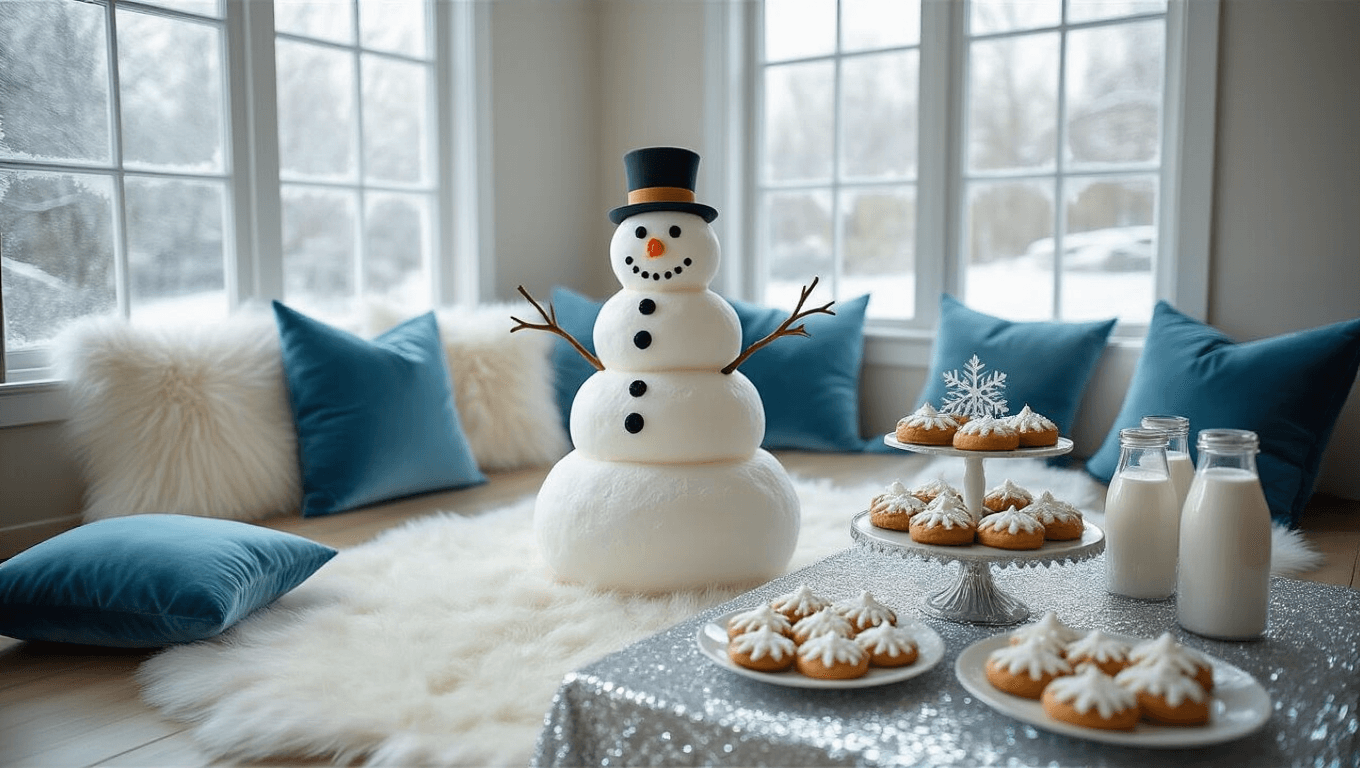 A cozy living room decorated for a snowman-themed birthday party, featuring a luxurious white faux fur rug, oversized icy blue velvet pillows, and a professional dessert display with a 3-tiered cake, snowflake cookies, and hot chocolate milk bottles, all accented by twinkling fairy lights and handcrafted snowflakes.