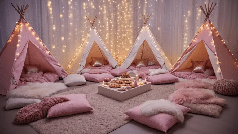 Ultimate Guide to Creating the Perfect Sleepover Birthday Party An enchanting sleepover party setup in a cozy living room featuring teepee tents, fairy lights, plush cushions, and a central snack table, illuminated by soft golden hour light, creating a magical atmosphere.